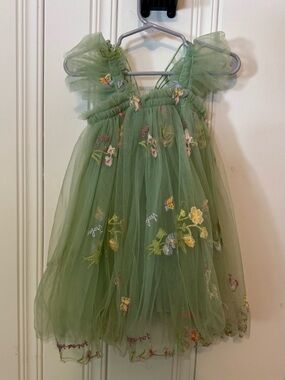 Girls' Green Butterfly Tulle Dress - Floral Embroidered Fairy Dress